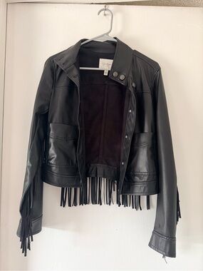 Jessica Simpson Black Fringe Faux Leather Jacket - Women